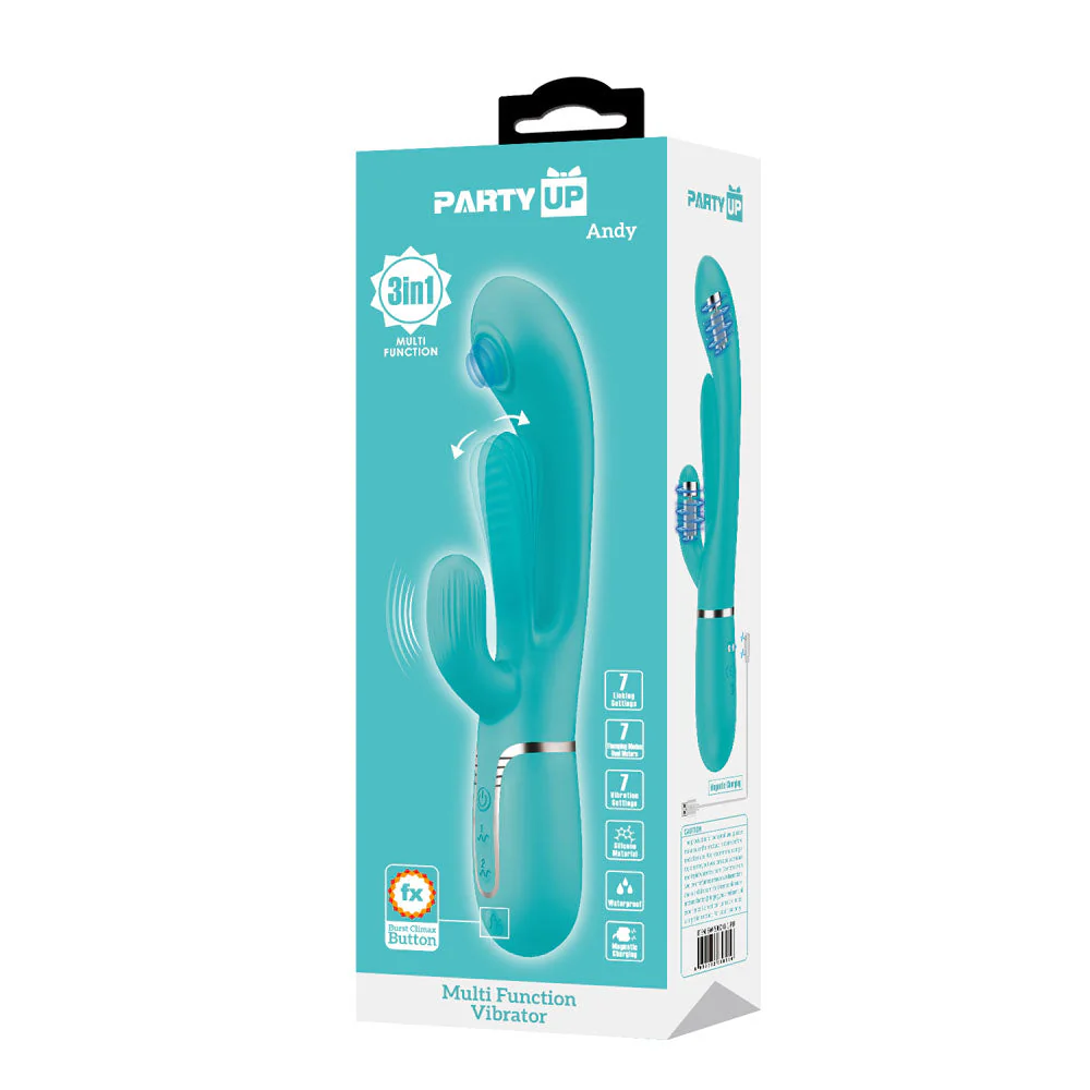 Party Up ANDY Multi Function Vibrator - Teal - Teal 22.2 cm USB Rechargeable Rabbit Vibrator with Flicking and Thumping Tip - Image 8