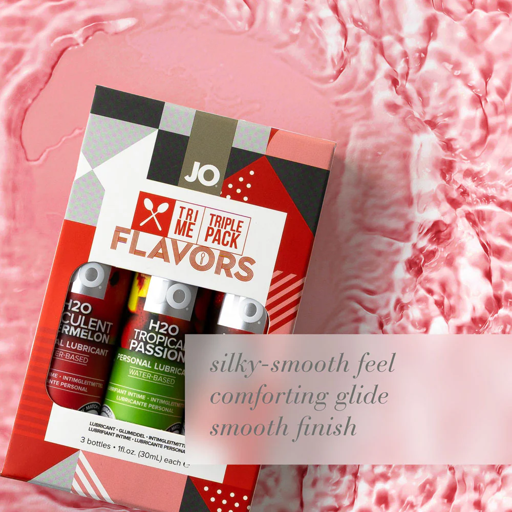 JO Tri-Me Triple Pack Flavours Gift Set - Strawberry, Watermelon and Tropic Passion Flavoured Lubes - 3 Pack - Image 2