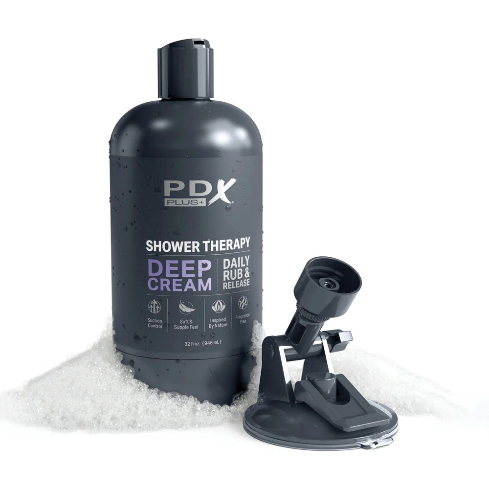 PDX Plus Shower Therapy - Deep Cream - Frosted - Clear Discreet Stroker with Suction Base - Image 4