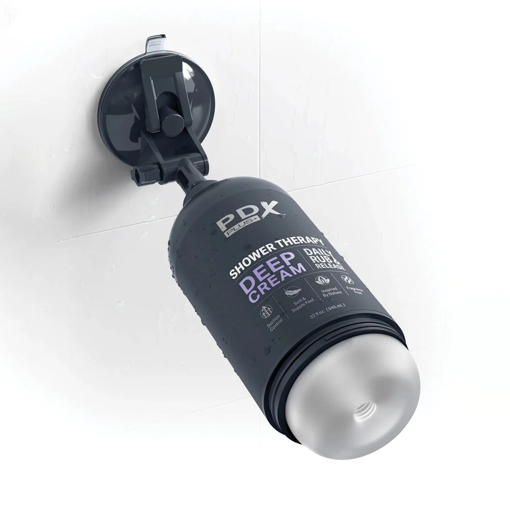 PDX Plus Shower Therapy - Deep Cream - Frosted - Clear Discreet Stroker with Suction Base - Image 5