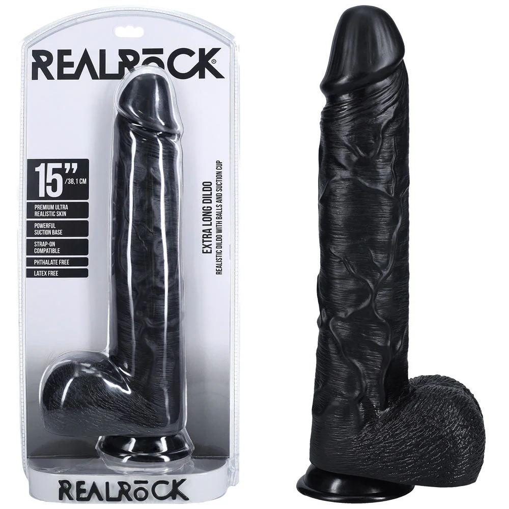 REALROCK 38cm Extra Long Dildo with Balls - Black - Black 38 cm (15'') Extra Long Dong