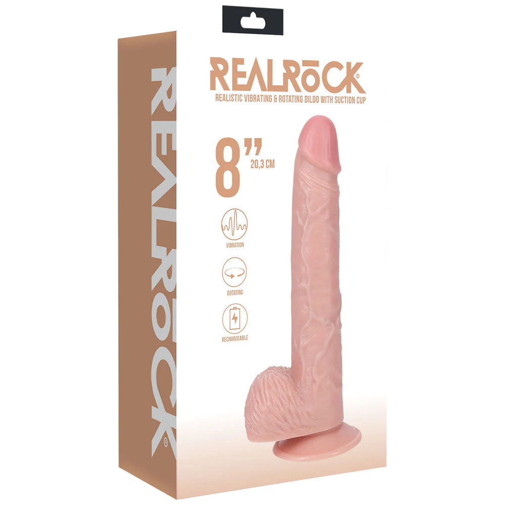 REALROCK 20cm Vibrating + Rotating Cock + Balls - Flesh - Flesh 20.3 cm (8'') USB Rechargeable Vibrating and Rotating Dong - Image 7